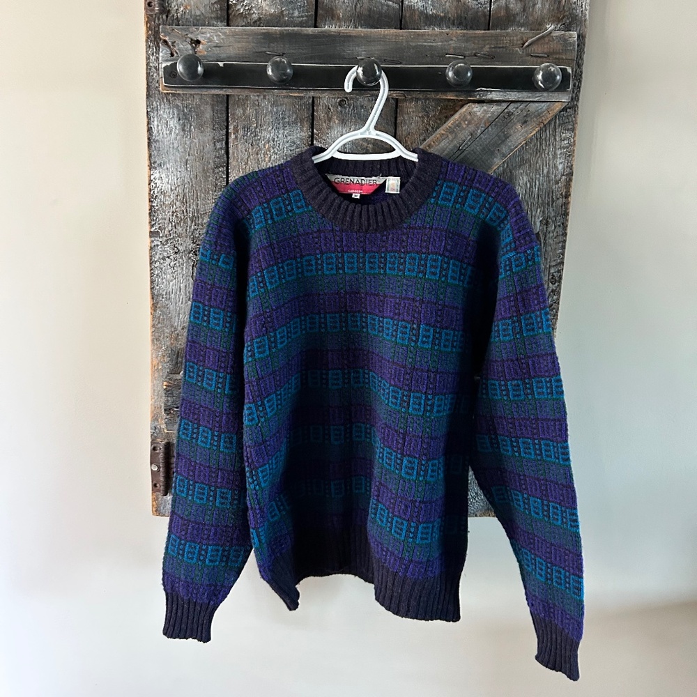 Men's Vintage 100% Shetland Wool Grenadier Sweater Turquoise, Purple & Grey